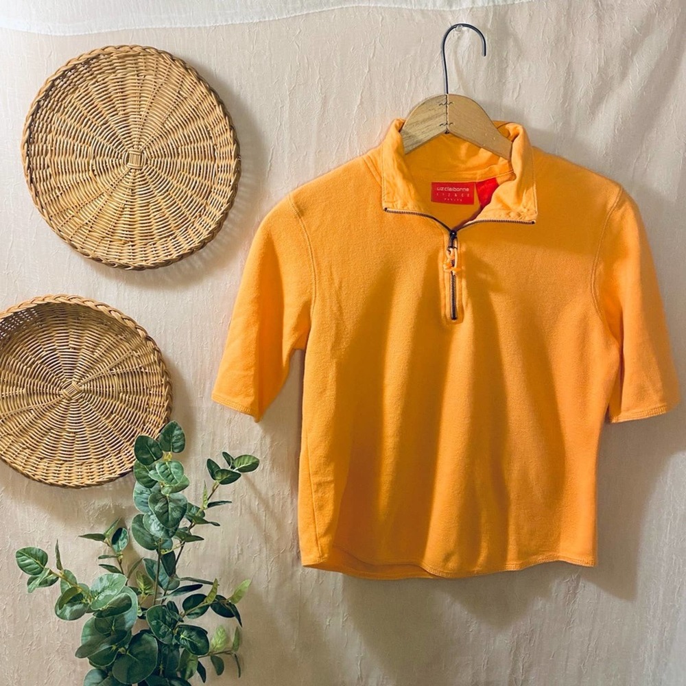 90s Liz & Co. Petite Light Orange Quarter Zip Short Sleeve Polo Shirt / Pullover
